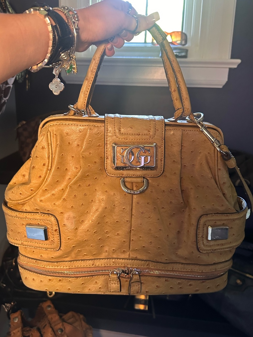 Y2K Guess mustard-yellow/tan faux-ostrich embossed satchel